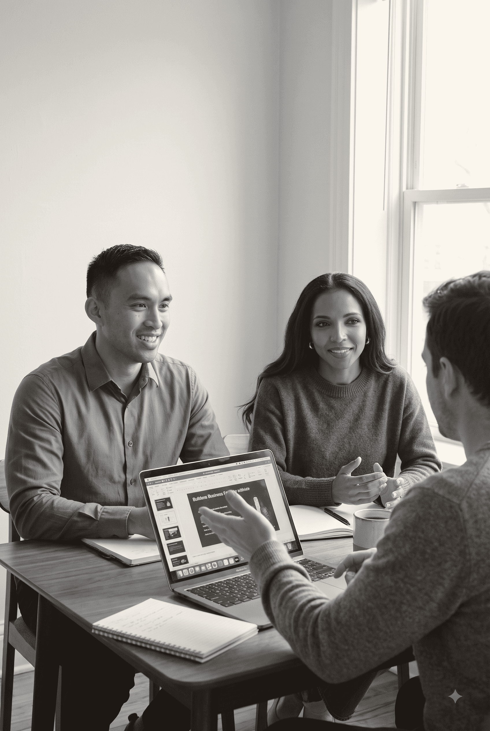 Puka Partners team in a client meeting, reviewing a laptop
